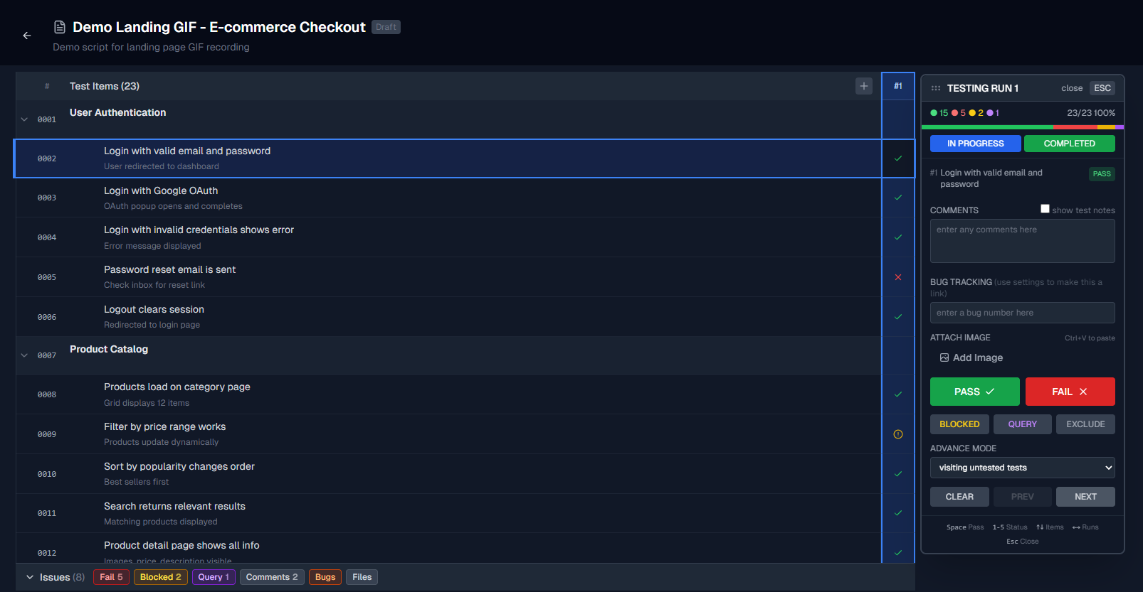 TestRush test matrix interface showing test items, run results, and keyboard shortcuts